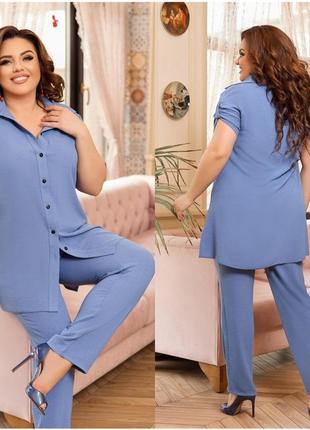 Костюм брючный женский красивый классический деловой рубашка-туника с коротким рукавом и прямые брюки арт 3450