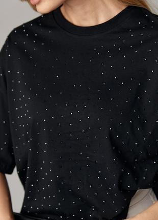 Бавовняна трикотажна футболка повністю прикрашена термо-стразами чорна3 фото