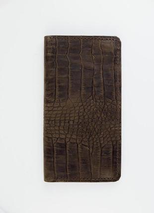 Чоловіче портмоне із натуральної шкіри crazy horse тиснення крокодил sh006 (темно-коричневе)4 фото
