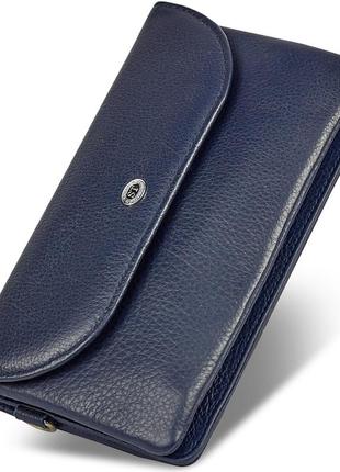 Темно-синій жіночий гаманець-клатч із натуральної шкіри із клапаном на кнопці st leather st023