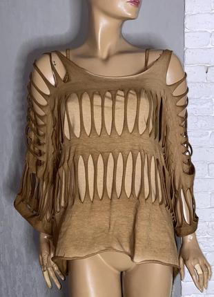 Оригинальная итальянская блуза с декоративными рваностями блузка с подкладкой-майка италия