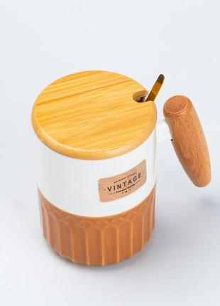 Чашка керамическая с бамбуковой крышкой и ручкой  400 мл коричневая3 фото