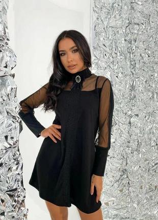 Жіноча чорна коротка сукня  креп-дайвінг, вставки люрекс, м'яка сітка 42-44, 50-52