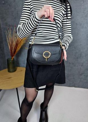Жіноча сумка, чорна, класична, з плечовим ремінцем + ручка, натуральна шкіра