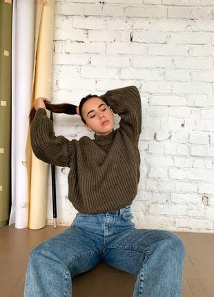 Жіночий светр, хакі, в'язаний, комір під горло
