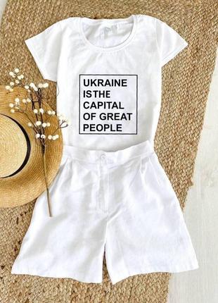 Жіночий комплект, білий, шорти+футболка, з українською символікою