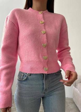 Женская кофта, розовая, пуговицы с сердечками, мягкая