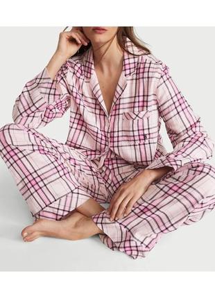 Фланелевая пижама, комплект рубашка с длинным рукавом и прямые штаны victoria's secret розовая в клетку