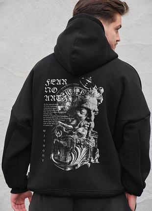 Мужское оверсай худи толстовка на флисе с капюшоном и принтом without greek black