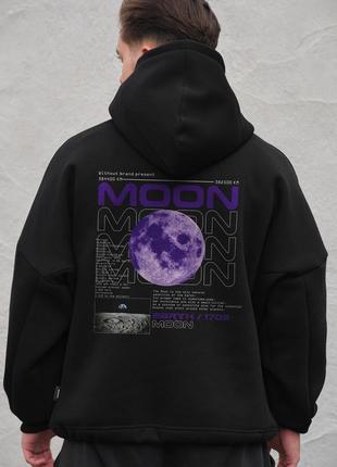 Мужское оверсай худи толстовка на флисе с капюшоном и принтом without moon black
