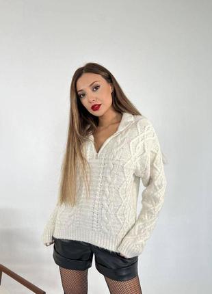 Женский свитер, кремовый, воротник застегивается на молнию, вязаный
