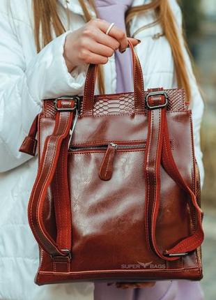 Рюкзак-трансформер коричневый с тиснением из натуральной кожи tiding bag - 003355 фото