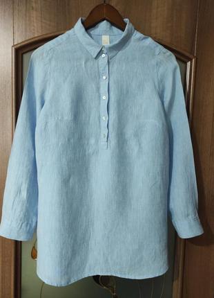 Голубая льняная рубашка просторного кроя h&amp;m (100% лен)3 фото