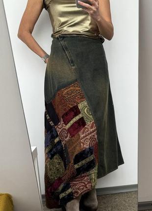 Дизайнерська спідниця в етно стилі петчвок з денімом rene derhy patchwork denim asymmetrical skirt
