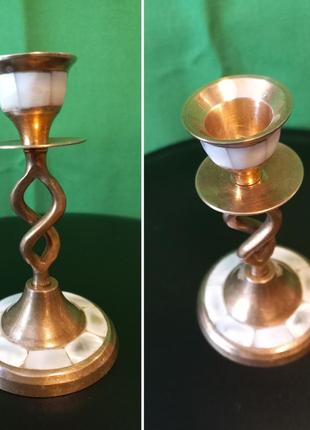 Винтаж латунный подсвечник с инкрустацией из перламутра, 60-е годы