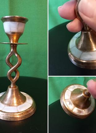 Винтаж латунный подсвечник с инкрустацией из перламутра, 60-е годы