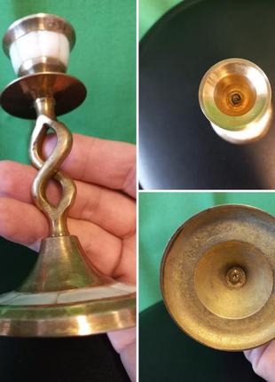 Винтаж латунный подсвечник с инкрустацией из перламутра, 60-е годы