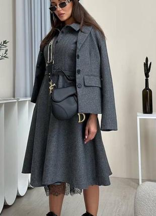Костюм в стиле dior жакет платье вязаный мех серый теплый
