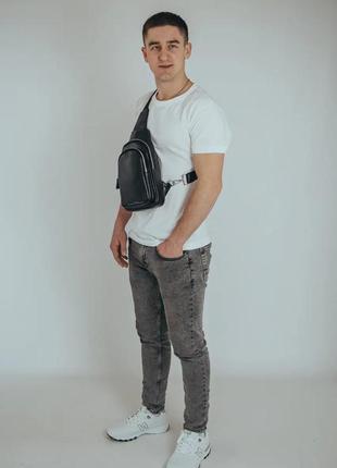 Кожаный черный  мужской слинг на плечо tiding bag a25f-3311-1a4 фото