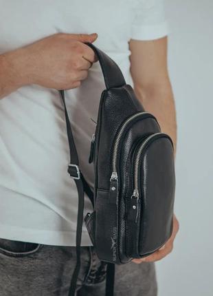 Кожаный черный  мужской слинг на плечо tiding bag a25f-3311-1a7 фото