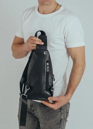 Кожаный черный  мужской слинг на плечо tiding bag a25f-3311-1a3 фото