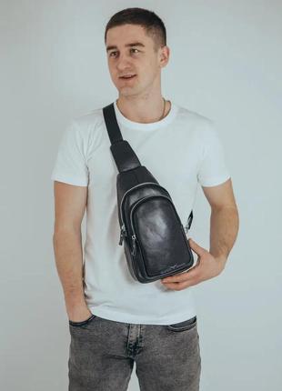 Кожаный черный  мужской слинг на плечо tiding bag a25f-3311-1a5 фото
