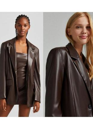 Шоколадный кожаный пиджак bershka коричневый блейзер кожаный из кожи куртка пиджак