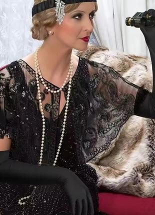 Рукавички в стилі гетсбі атласні довгі чорні