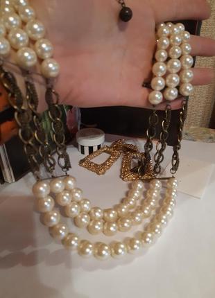 Намисто ожерелье перлини штучні, під бронзу ланцюжок,  американській вінтаж,три ряди2 фото