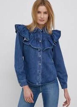 Стильная джинсовая рубашка с рюшами размер 10