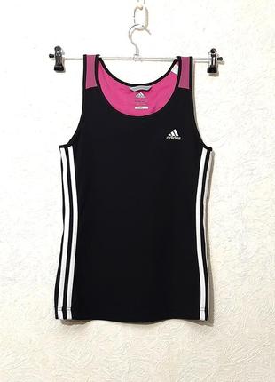 Adidas майка спортивная чёрная/розовая стрейч-трикотаж три белые полосы женская 42-44-46