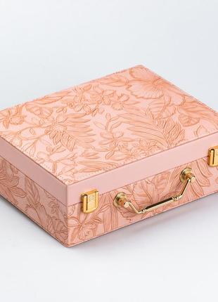Шкатулка органайзер для украшений бижутерии прямоугольная с зеркальцем чемодан из экокожи розовая6 фото
