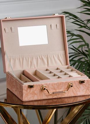 Шкатулка органайзер для украшений бижутерии прямоугольная с зеркальцем чемодан из экокожи розовая3 фото