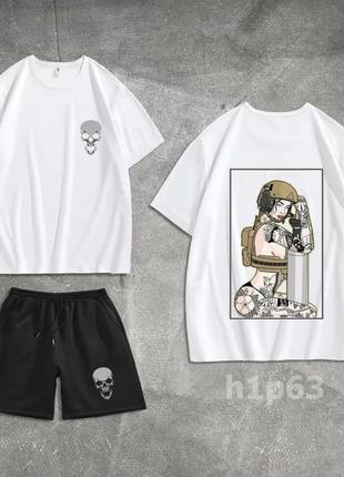 Мужской летний костюм оверсайз футболка + шорты белый с принтом девушка спортивный костюм на лето (b)