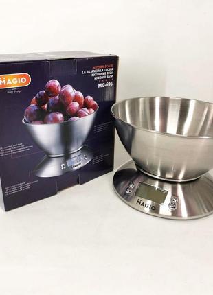 Ваги кухонні на 5 кг з нержавіючої сталі magio mg-695, ваги міні, ваги кухонні зі знімною чашею