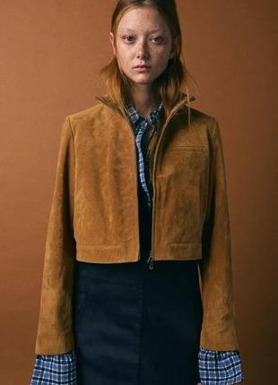 Укороченная коричневая куртка женская кожаная zara new