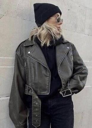 Коричнева укорочена байкерська куртка зара zara