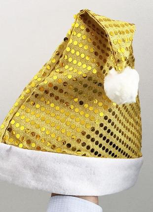 Шапка деда мороза новогодняя желтая с золотыми пайетками
