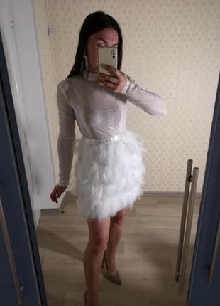 Нарядное белое платье с перьями, коктейльное платье, праздничное платье, выпускное платье, свадебное платье, платье zara2 фото
