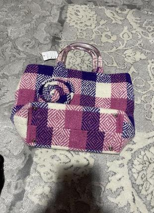 Винтажная розовая сумка в клетку с пластиковыми ручками