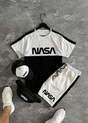 Мужской летний костюм nasa футболка + шорты + кепка + барсетка в подарок белый с черным комплект наса (b)8 фото