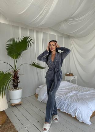 Велюровая пижама 2-ка, велюровая пижама 2в1, женская пижама штаны+кофта с поясом/ велюр/ домашний костюм/ 065