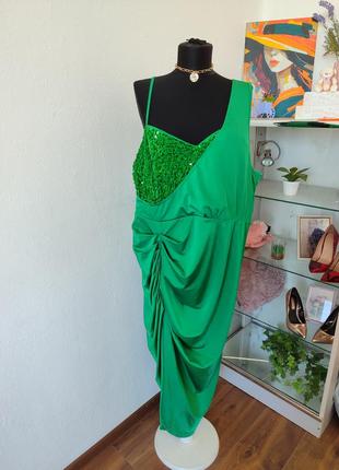 Коктейльное платье миди, батальное комбинированное с пайетками, одно плечо2 фото