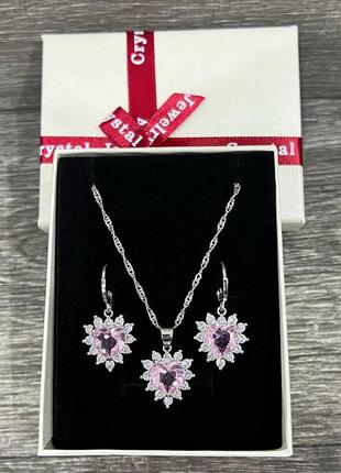 Набір "сердечки рожевий кварц у сріблі" кольє та сережки з цирконами - оригінальний подарунок дівчині в коробочці6 фото