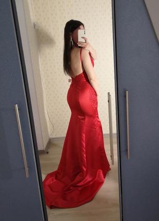 Красное вечернее платье со шлейфом, вышитое платье в камнях, праздничное платье, шёлковое платье, платье с корсетом,  вышиванка2 фото