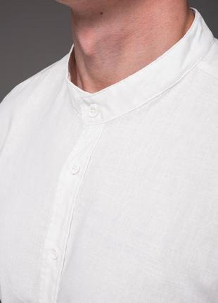 Чоловіча лляна сорочка біла комір стійка приталена з коротким рукавом (b)5 фото