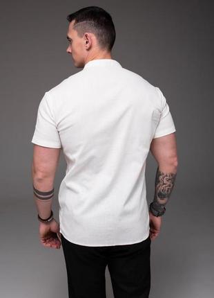 Чоловіча лляна сорочка біла комір стійка приталена з коротким рукавом (b)3 фото