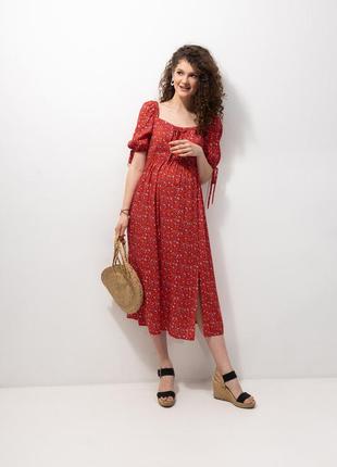 Платье для беременных, для кормящих мам летнее миди штапель красное1 фото