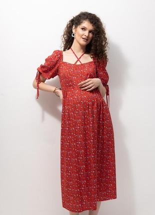 Платье для беременных, для кормящих мам летнее миди штапель красное3 фото