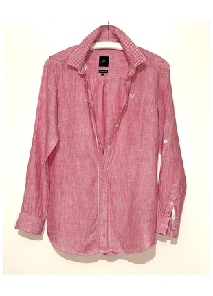 M сорочка лляна натуральний льон жіноча смужечка довгий рукав рожевий білий2 фото